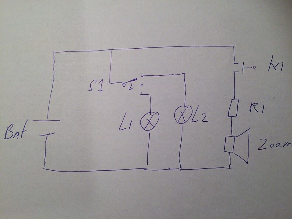 Schema with two lights and 5V piezo buzzer running on 9V
