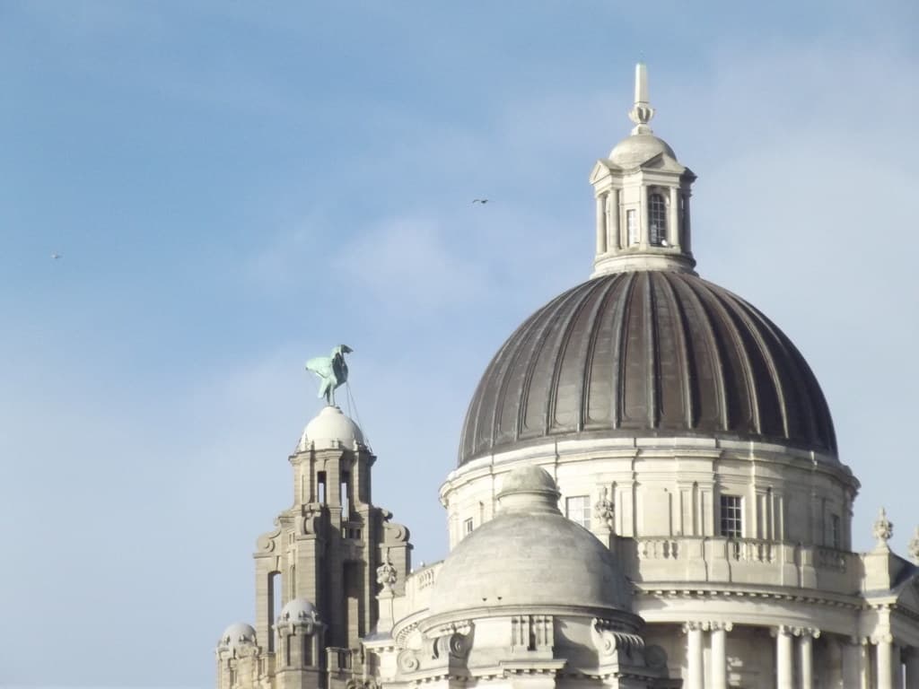 The Three Graces - Liverpool Waterfront - Royal Liver Building (Liver Bird) and Port of Liverpool Building (copper dome)