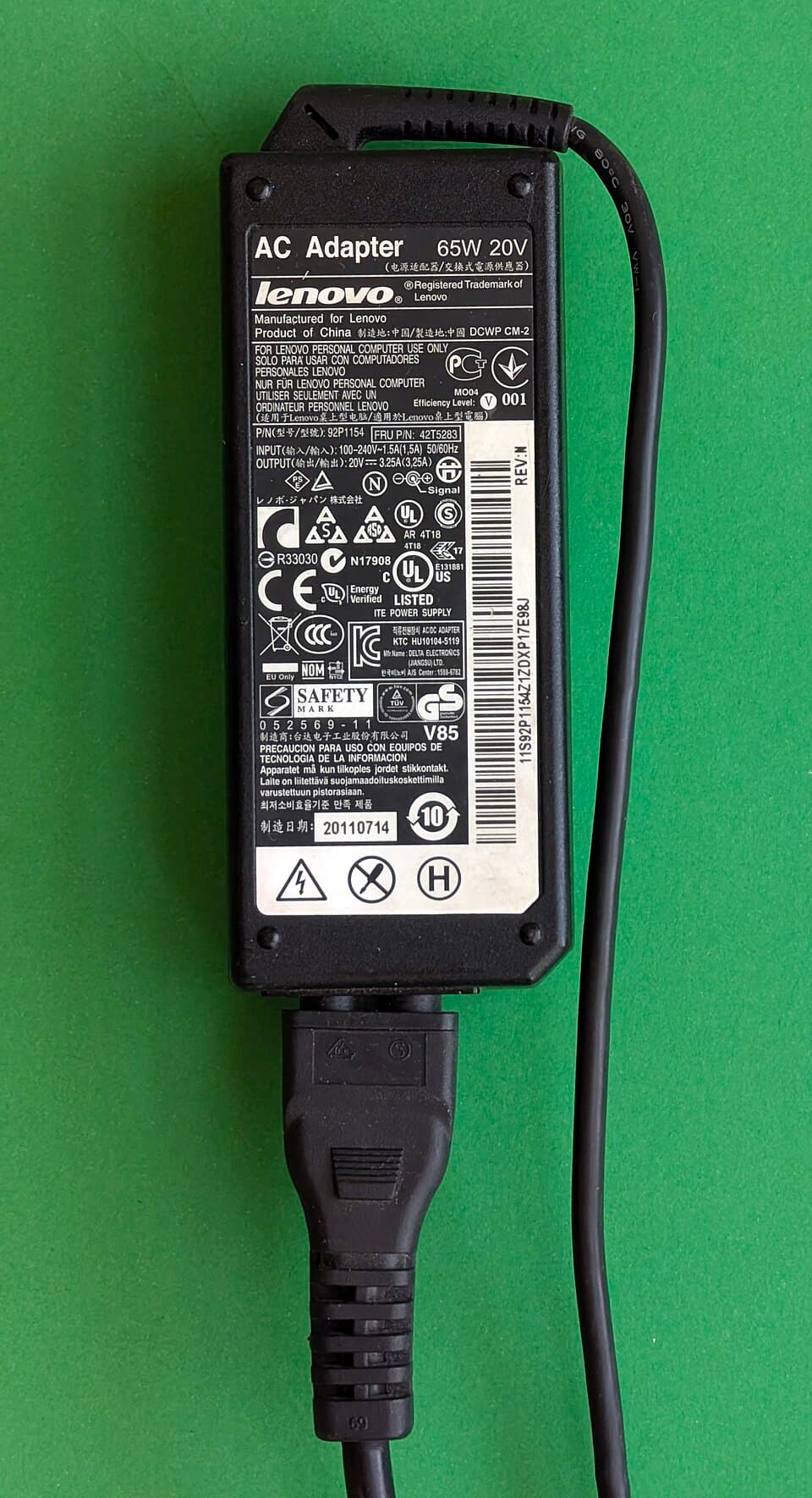 Lenovo 65W 20V AC adapter (FRU 42T5283) for ThinkPad laptops