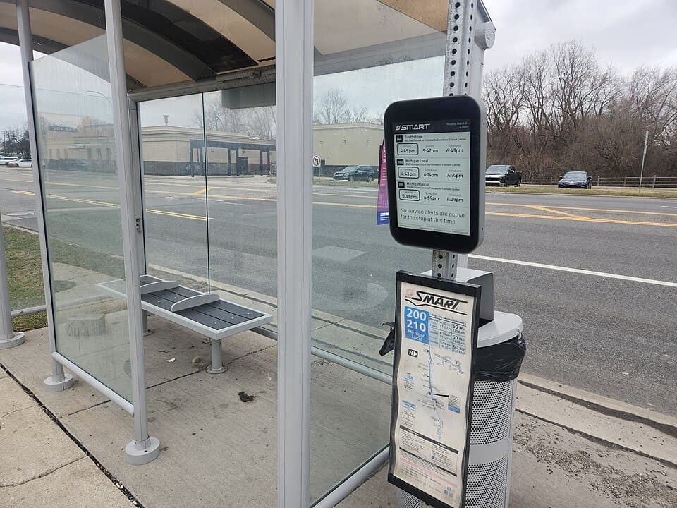 SMART Bus stop at Dearborn Transit Center with e-paper display