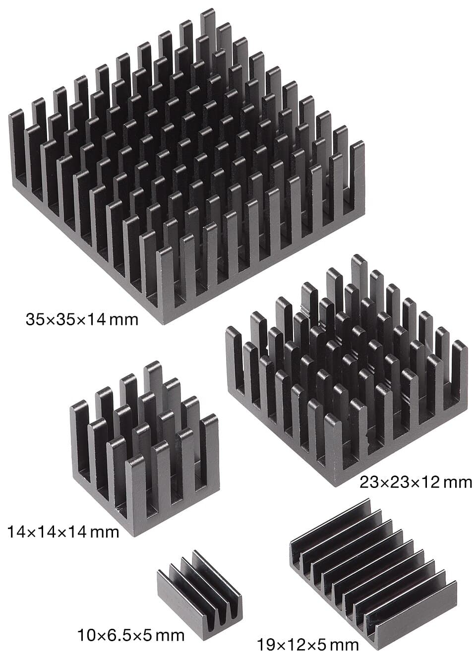 Black anodised aluminium heatsinks 6.5–35 mm width with dimensions