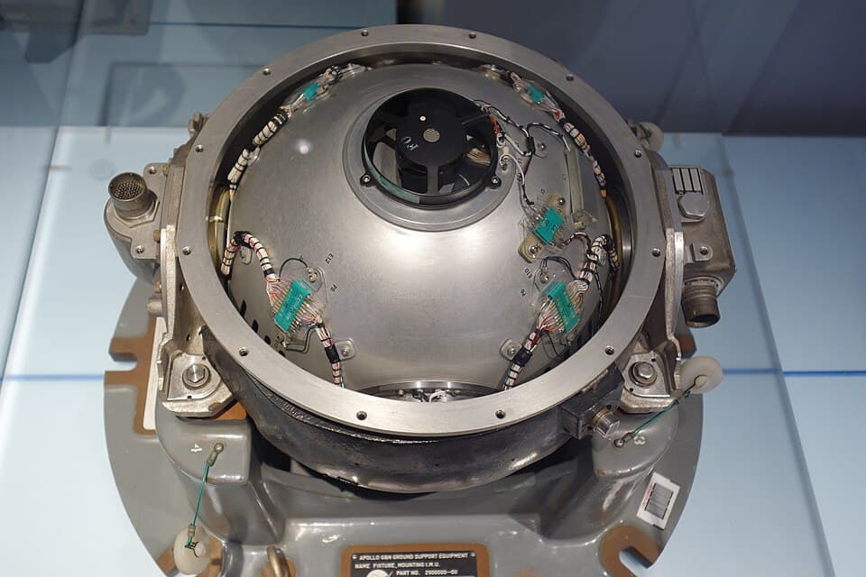 Inertial Measurement Unit, Apollo Guidance and Navigation System, fabricated for vibration testing, 1961-1966, view 2 - MIT Museum - Cambridge, MA - DSC09139