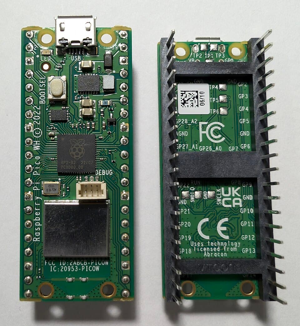 Raspberry Pi Pico WH top and bottom with soldered pins