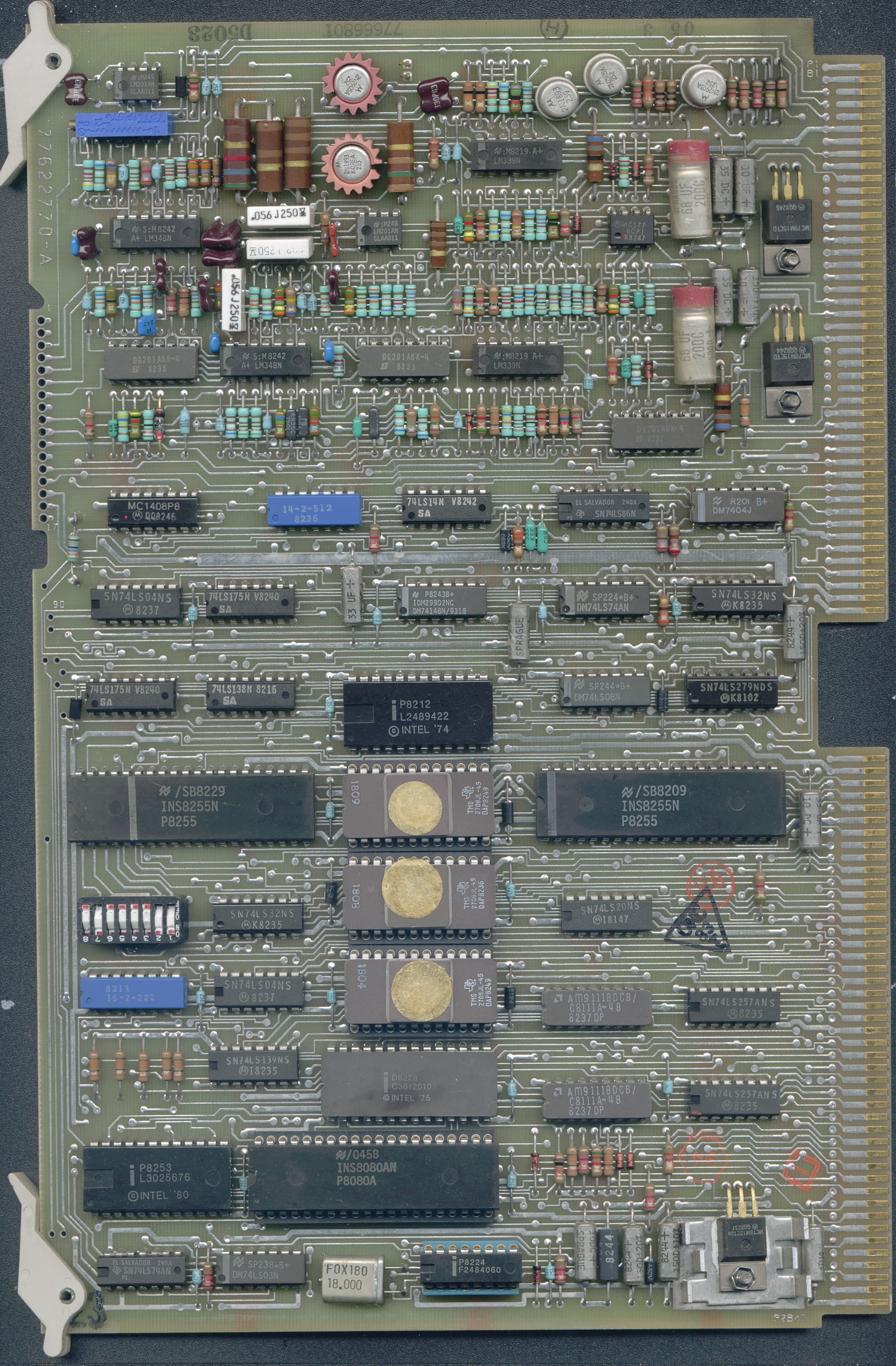PCB 77622770 components side from United Peripheral ltd removable Hard Disk unit (1986)